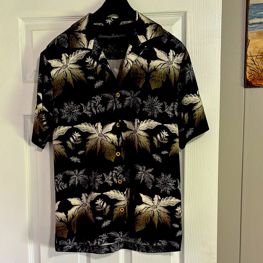 Tommy Bahama Black and Cream Leaf Print Shirt